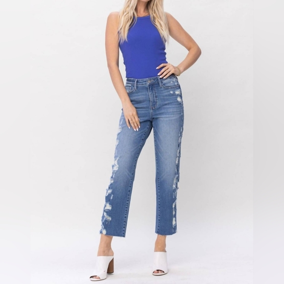 Judy Blue Denim - Judy Blue High Rise Distressed Straight Cropped Jeans Size 3(26) Women's Size 2